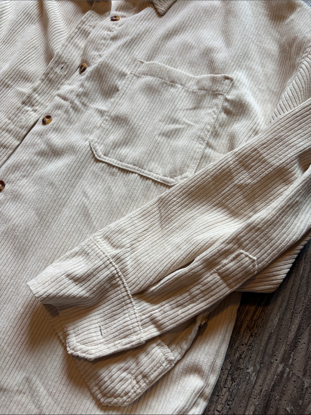 Women’s Cream Corduroy Button-Up Shirt - Casual Long Sleeve - Picture 2 of 4